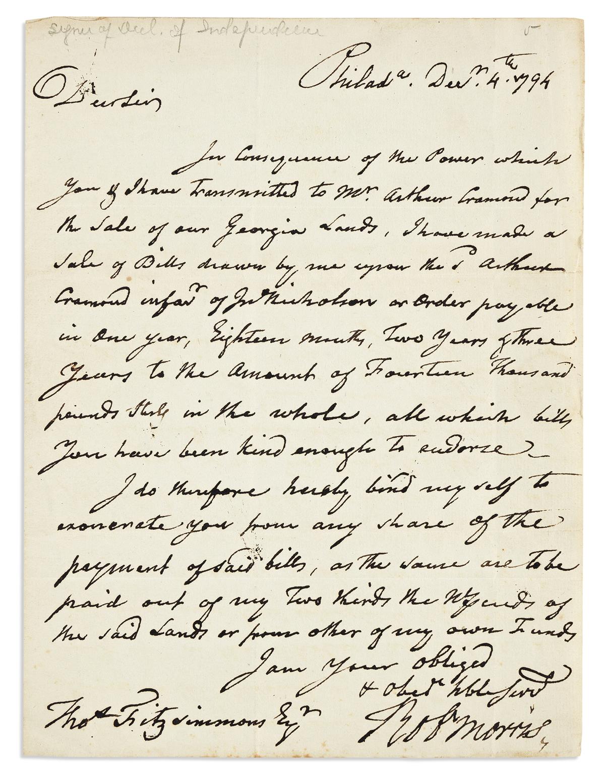 MORRIS, ROBERT. Autograph Letter Signed, Robt Morris, to Thomas Fitzsimmons,